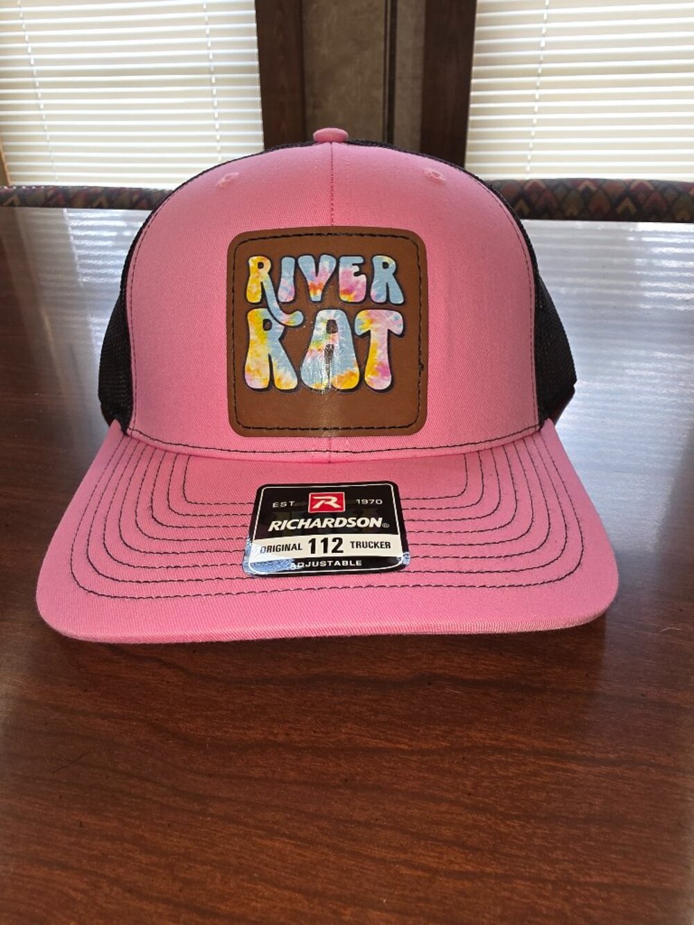 Richardson Pink/Black Adjustable Mesh Back Trucker Hat "River Rat" Patch
